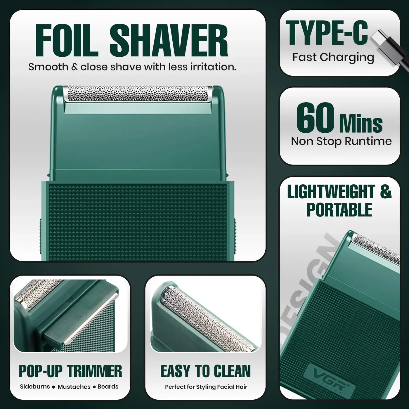 VGR V-376 electric shaver detachable head for easy cleaning