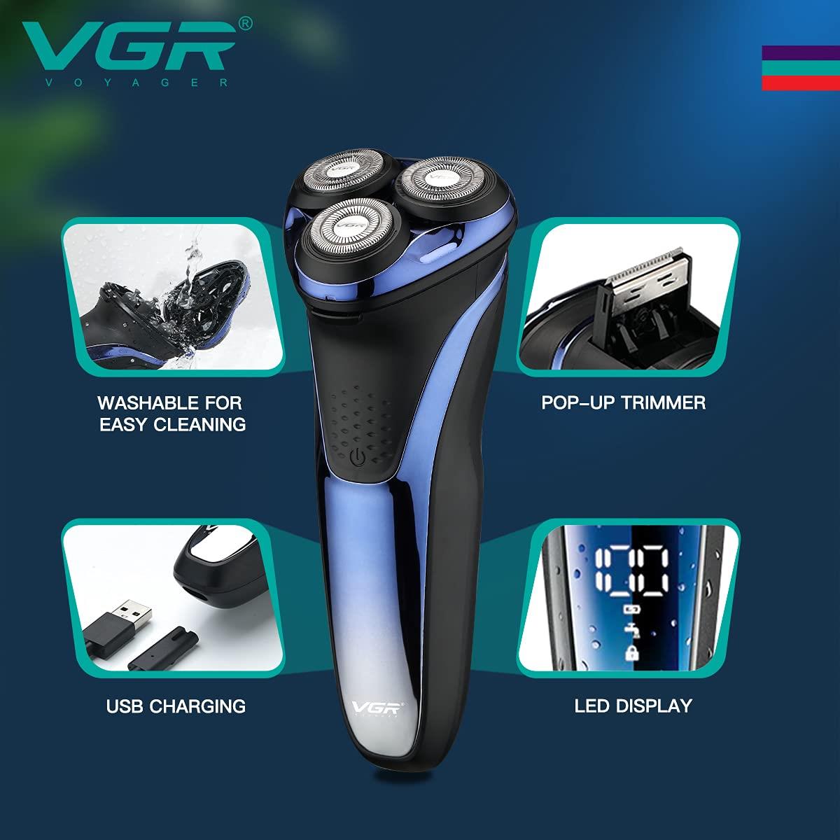VGR V-306 rotary electric shaver front view with 3 floating heads and LED display