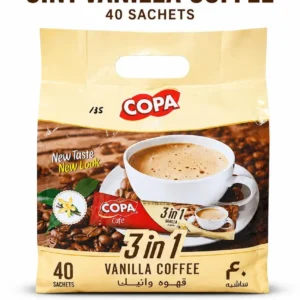 COPA 3 in 1 Vanilla Coffee 40 Sachets frount view showing ingredients, nutrition facts and preparation instructions