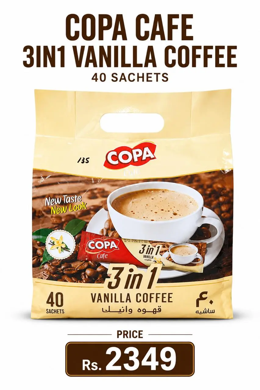 COPA 3 in 1 Vanilla Coffee 40 Sachets frount view showing ingredients, nutrition facts and preparation instructions