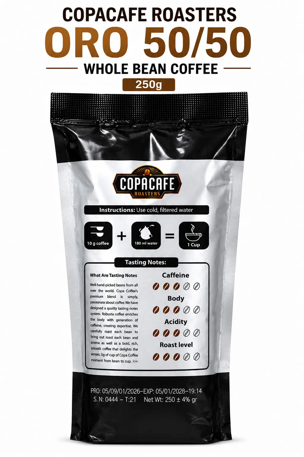 COPACAFE Roasters Oro 50/50 Whole Bean Coffee 250g back view