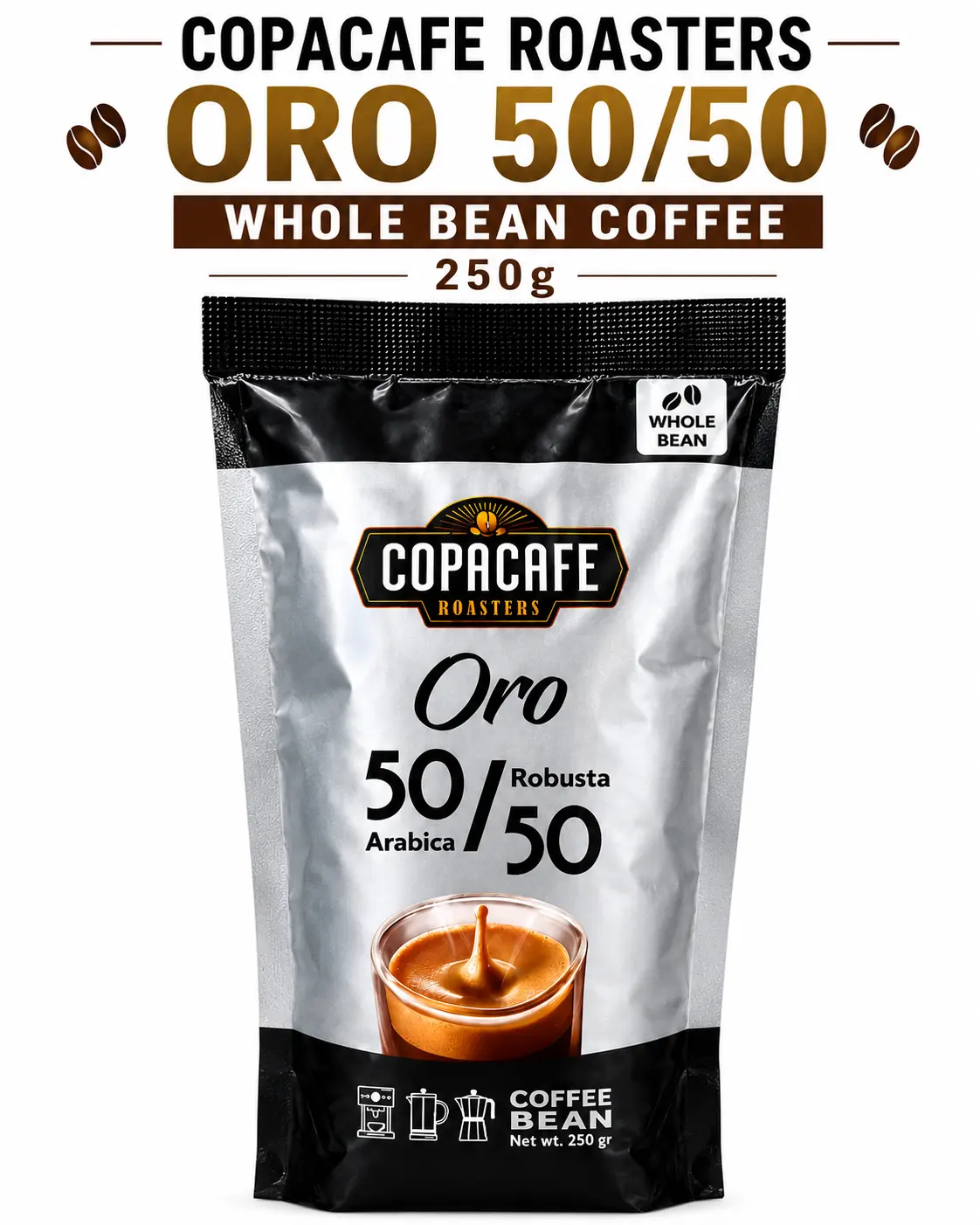 COPACAFE Roasters Oro 50/50 Whole Bean Coffee 250g front view