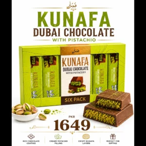 Back of Dubai Kunafa chocolate with pistachio 6 pack