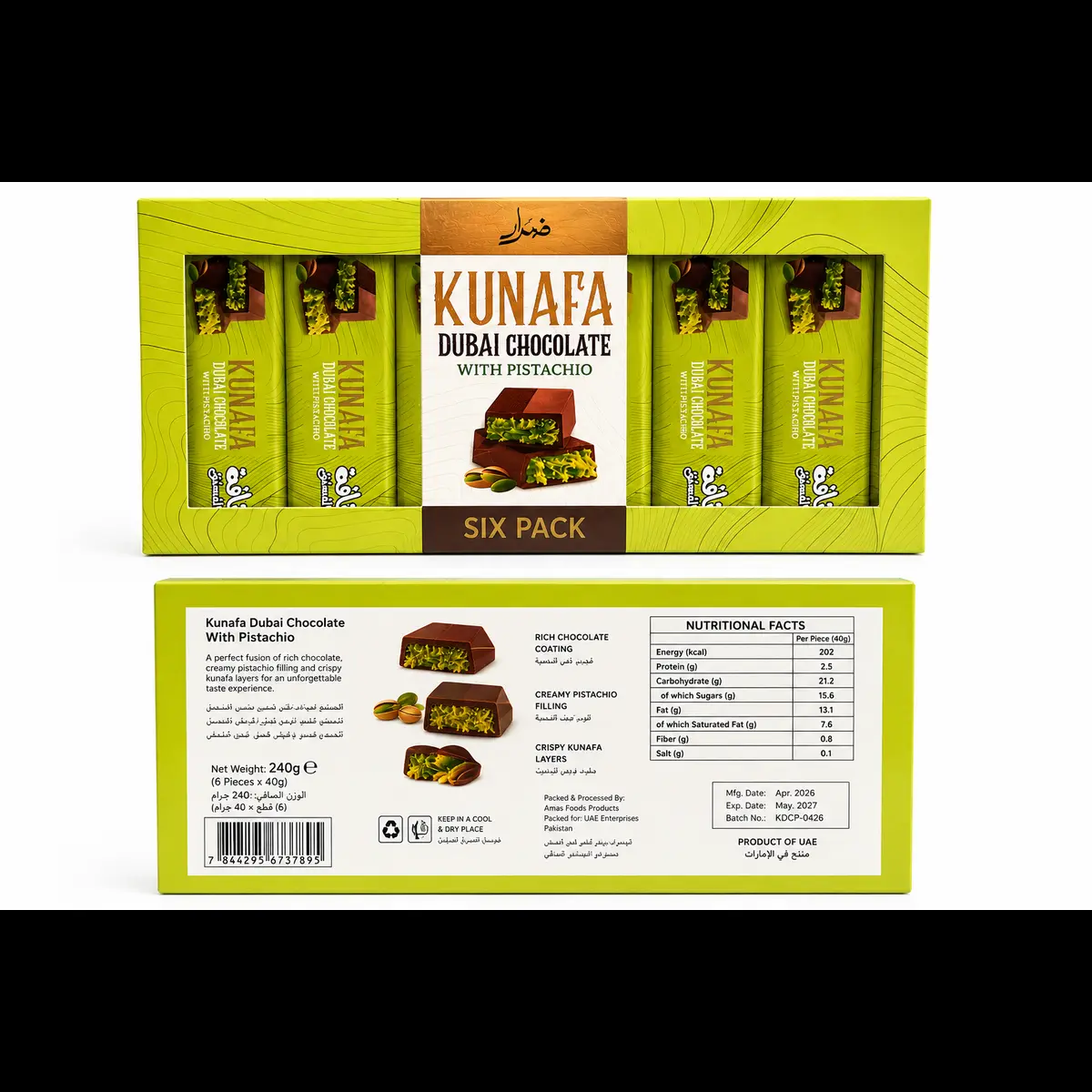 Dubai Kunafa chocolate with pistachio 6 pack 240g